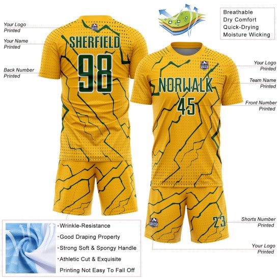 Custom Sublimation Green-White Sports Soccer Gold Lightning Uniform Jersey Custom Sublimation Green-White Sports Soccer Gold Lightning Uniform Jersey
