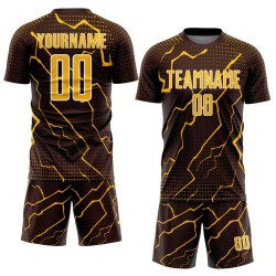 Sports Custom Gold-White Lightning Sublimation Brown Jersey Uniform Soccer Sports Custom Gold-White Lightning Sublimation Brown Jersey Uniform Soccer