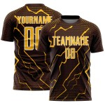 Sports Custom Gold-White Lightning Sublimation Brown Jersey Uniform Soccer