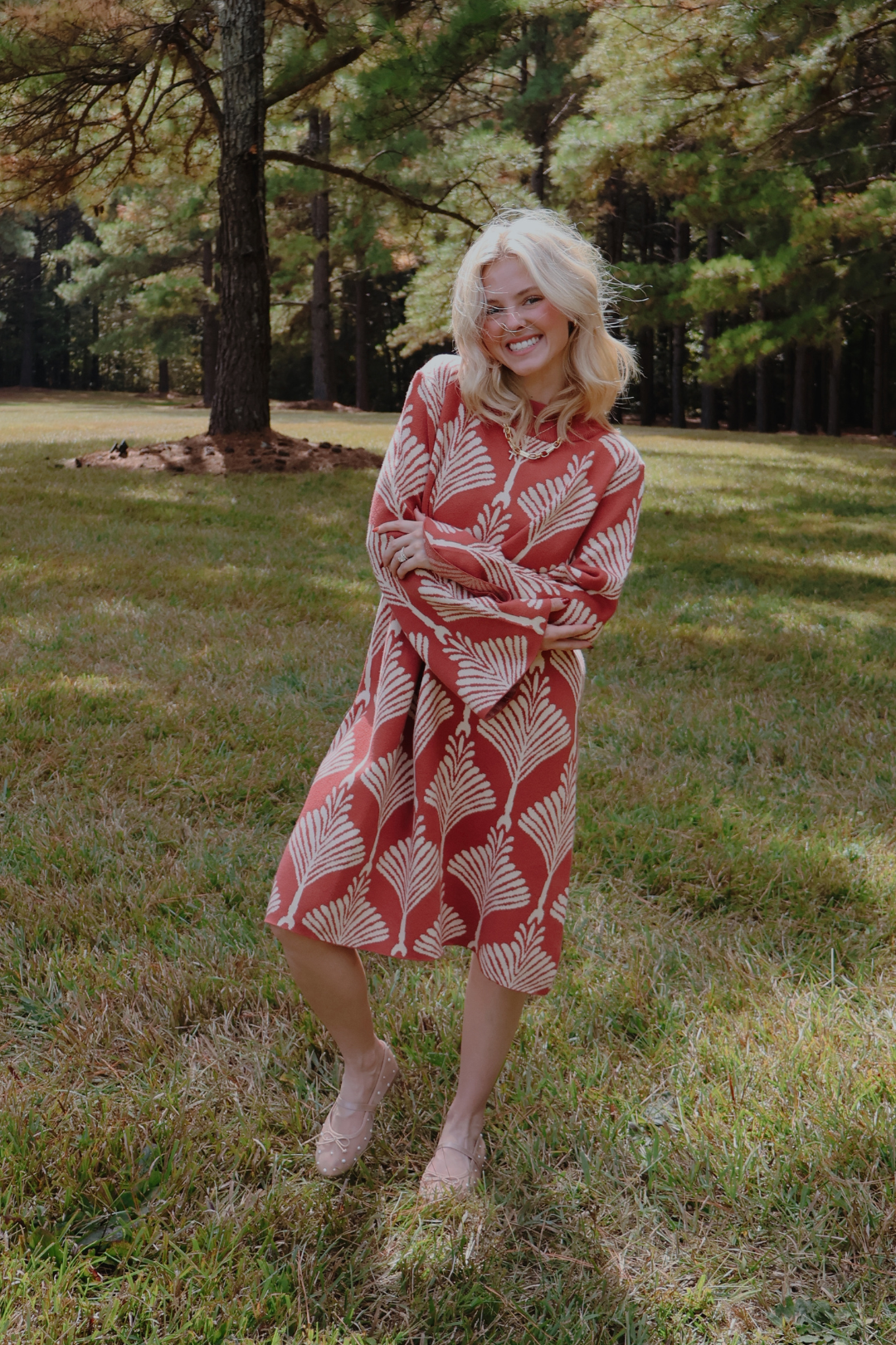 Rust Leaf Knit Sweater Dress