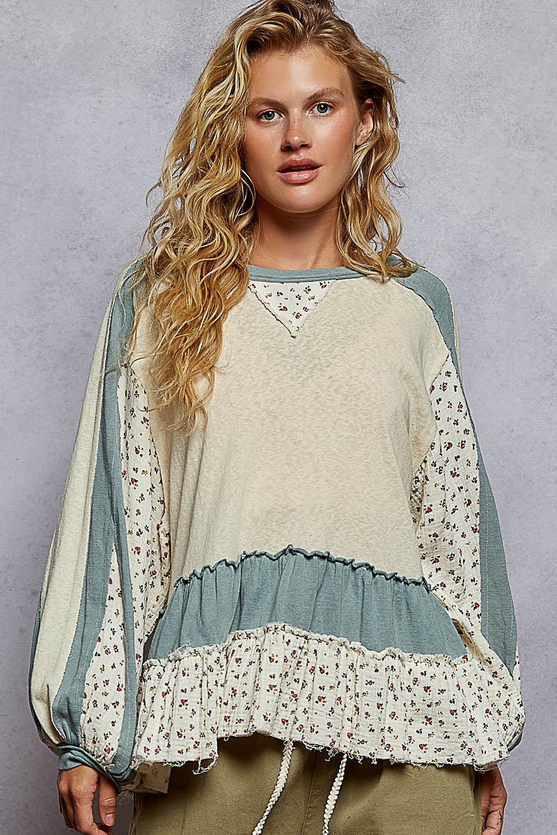 Vintage Patchwork Ruffle Sleeve Top